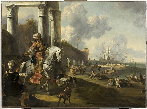 Havengezicht met ruiter in Oosterse dracht, , Jan Baptist Weenix