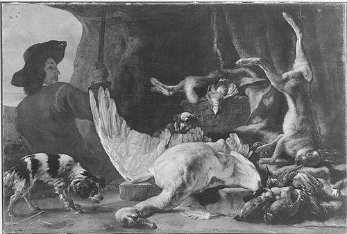 Jagdbeutestillleben mit Jäger und zwei Hunden, 1652, Jan Baptist Weenix