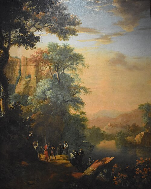Paysage fluvial avec saint Philippe baptisant l'eunuque de la reine Candace, 1700, Herman Van Swanevelt