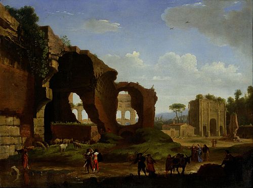 Une vue romaine des ruines du temple de Vénus et de Rome avec le Colisée et l'arc de Constantin, 1634, Herman Van Swanevelt