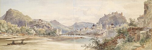 Panorama der Stadt Salzburg mit der Feste Hohensalzburg, 1855, Anton Altmann