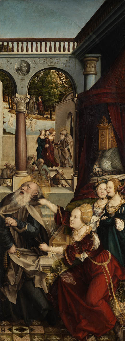 Der hl. Antonius, versucht von drei Teufeln in Frauengestalt, Salemer Altar Tafel 3, 1517, Martin Schaffner