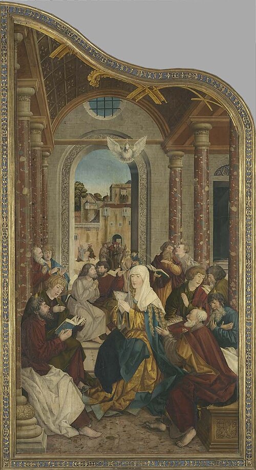Wettenhauser Hochaltar: Ausgießung des Heiligen Geistes Rückseite: ehemals Relief mit Anbetung der K, 1523, Martin Schaffner