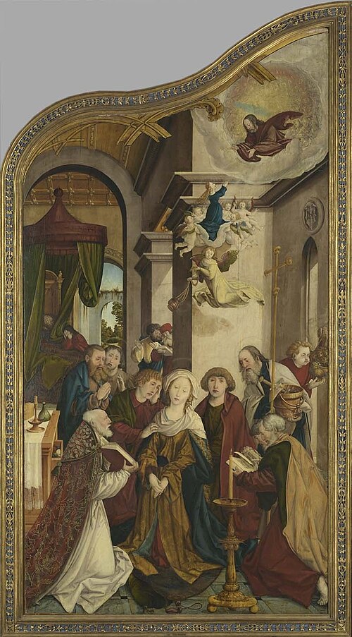 Wettenhauser Hochaltar: Tod Mariae Rückseite: Abschied Christi (rechte Hälfte) mit Stifter Ulrich Hi, 1523, Martin Schaffner