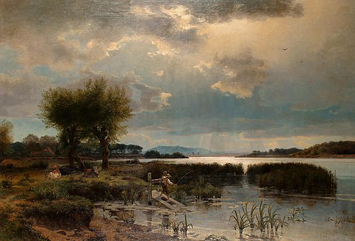 An extensive view of a lake with a boy fishing in the foreground, 1898, Max Schmidt