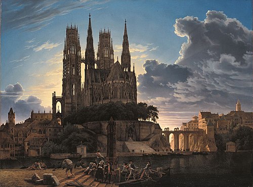 Cathedral over a city / Medieval Town by Water, 1830, Karl Eduard Biermann