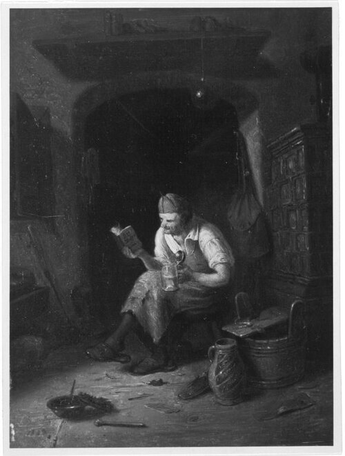 Ein Schuhmacher, welcher die Wasserheilkunst studiert, 1843, Karl von Enhuber