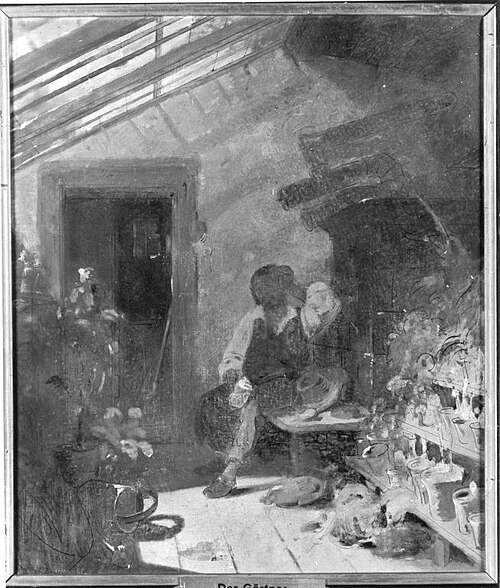 Gärtnergehilfe in einem Gewächshaus, 1863, Karl von Enhuber