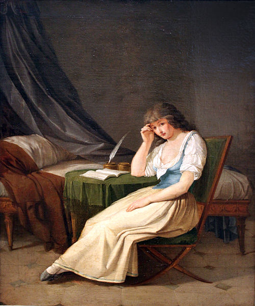 Young girl in morning dress, speculating sitting at a table, 1799, Philipp Friedrich von Hetsch