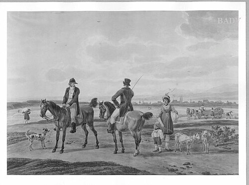 Zwei Reiter und Bauernmädchen mit Ziegen in einer Landschaft, 1802, Wilhelm von Kobell