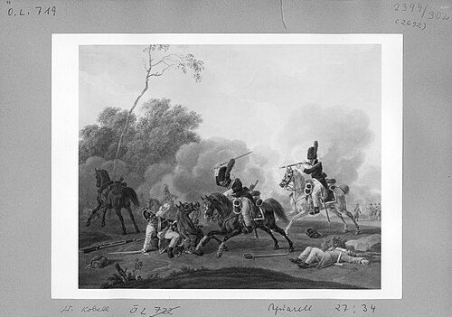 Reitergefecht, im Vordergrund ein gestürzter Reiter, 1791, Wilhelm von Kobell