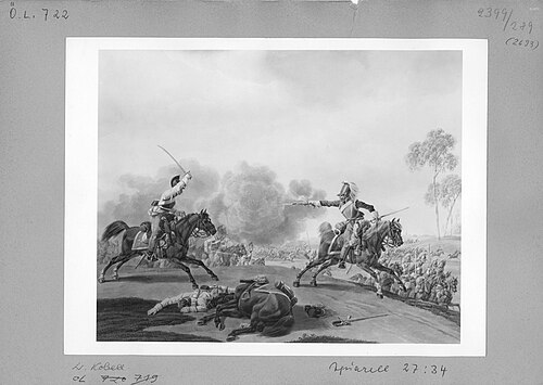 Reitergefecht, im Vordergrund toter Reiter mit Pferd, 1830, Wilhelm von Kobell