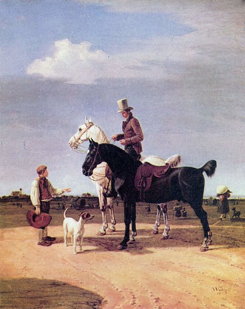 Reiter mit einem Handpferd, bei einem Bettelbuben haltend, 1823, Wilhelm von Kobell