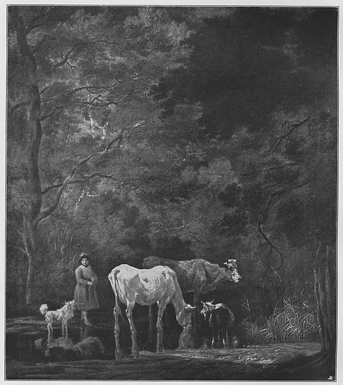A shepherdess with her cows and a goat in a crossing in a brook, 1798, Wilhelm von Kobell