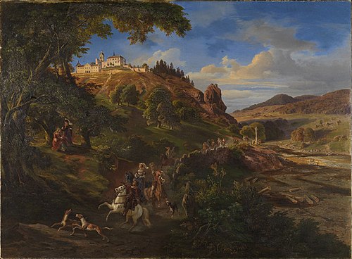 Schloß Eberstein bei Gernsbach mit mittelalterlichem Jagdzug, 1843, Daniel Fohr