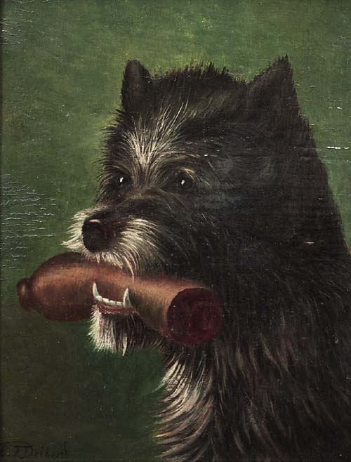Hundeporträt mit Wurst im Maul, 1850, Carl Friedrich Deiker