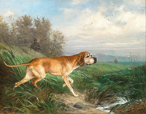 A Pointing Dog, in the Background a Hunter at the Edge of the Woods, 1879, Carl Friedrich Deiker