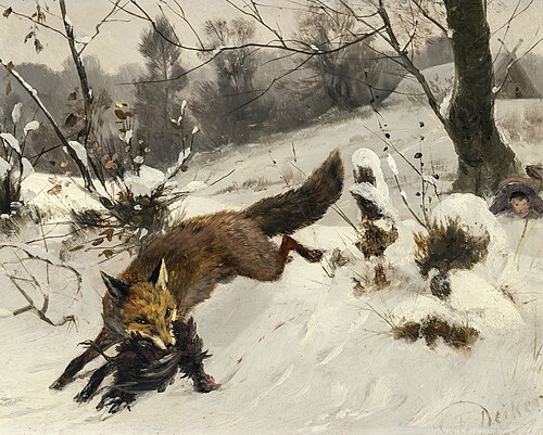 Fox with prey in a winter landscape, , Carl Friedrich Deiker