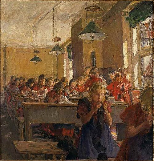 Sewing lesson in the orphanage, 1880, Gotthardt Kuehl