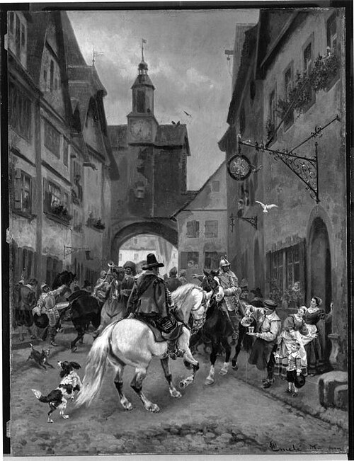Abmarsch schwedischer Reiter aus Rothenburg ob der Tauber (Szene am Römerbogen), 1886, Wilhelm Emelé