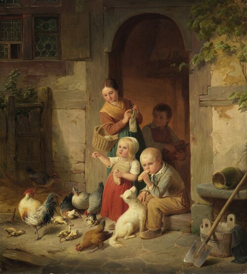 Bauernkinder füttern Hühner, 1850, Heinrich von Rustige