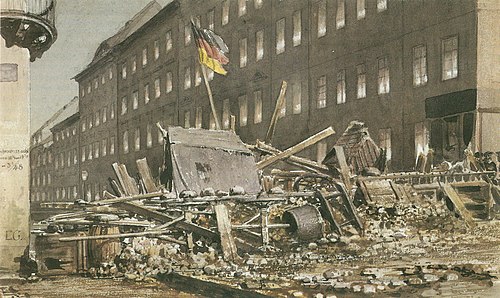 Barrikade nach Kämpfen in der Breiten Strasse, 1848, Eduard Gaertner