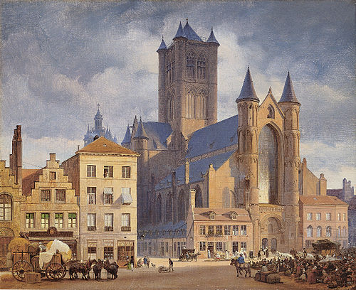 Der Marktplatz mit der Nikolaikirche in Gent, , Eduard Gaertner