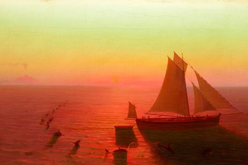 A Ship on the Sea surrounded by delphins, 1827, August Kopisch