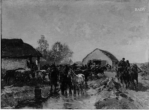 Bauernfuhrwerke und Pferde an der Tränke, 1875, Gregor von Bochmann