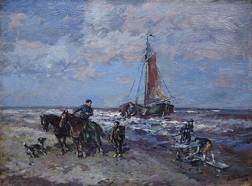 Strandszene mit Reiter und Segelschiff, , Gregor von Bochmann