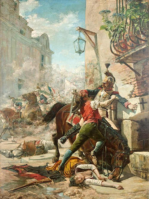 Malasaña y su hija se baten contra los franceses en una de las calles que bajan del parque a la de S, 1887, Eugenio Álvarez Dumont
