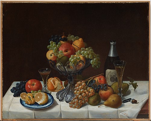 Fruit Still Life with Champagne Bottle, 1848, Severin Roesen