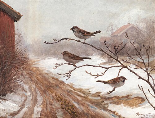 A winter scene with birds, 1928, Anders Abrahamsen Kongsrud