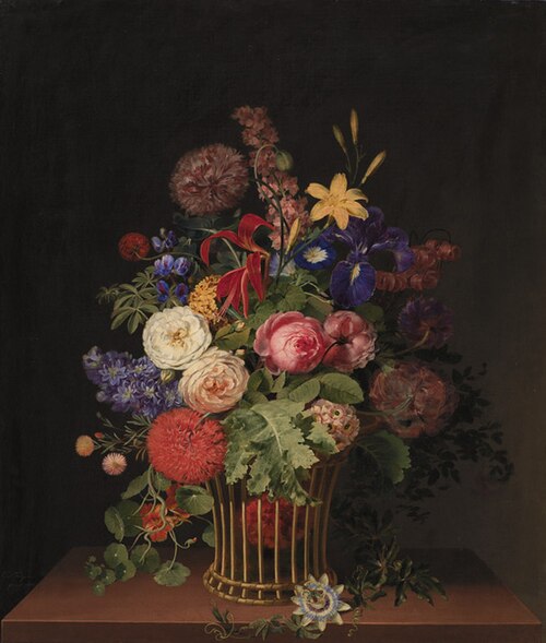 En let rørkurv med blomster, 1808, Claudius Ditlev Fritzsch