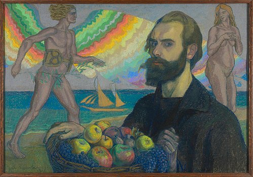 Autoportret z koszem owoców na tle morza, 1918, Jan Rembowski
