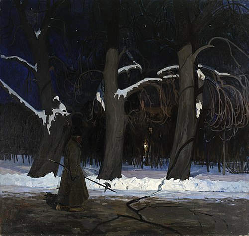 Winter landscape at night with a halberdier, 1907, Henryk Szczyglinski
