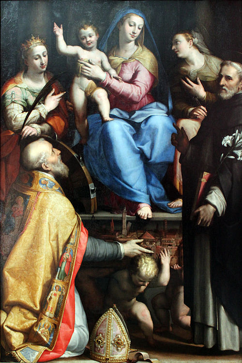 Thronende Maria mit dem segnenden Kind und Heiligen, 1571, Lorenzino da Bologna