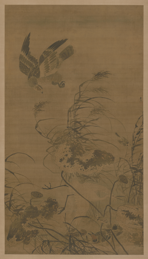 A Hawk Attacking an Egret Among Withered Lotus, 1450, Lü Ji