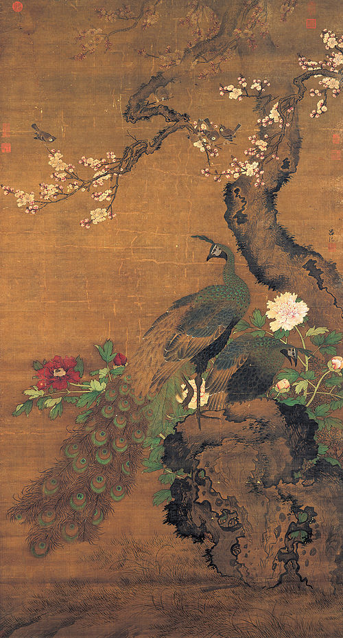 明呂紀杏花孔雀　軸, , Lü Ji
