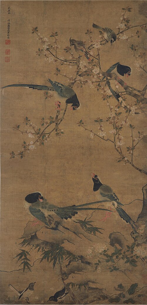 明  边景昭  花竹聚禽图轴, , Bian Jingzhao