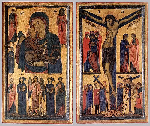 Diptych of crucifixion and Madonna and Child, 1250, Bonaventura Berlinghieri