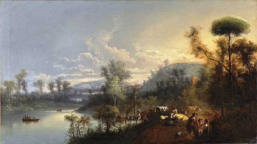 Paisaje fluvial con figuras y ganado, 1850, Manuel Barrón y Carrillo