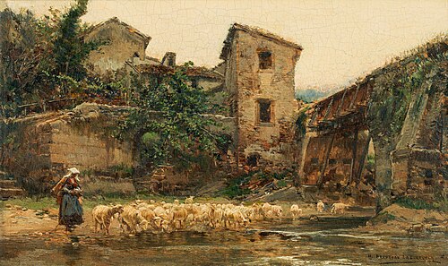 Flock of sheep by the river, , Mariano Barbasán Lagueruela