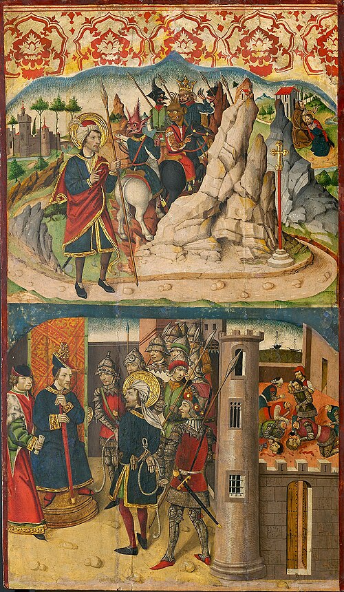 Saint Christopher Meets Satan; Saint Christopher before the King of Lycia, 1468, Martín de Soria
