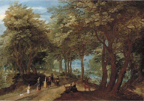A wooded landscape with an amorous couple seated by a tree and elegant company strolling on a path n, 1620, Denys van Alsloot