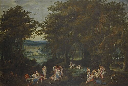 Forest landscape with Diane discovering the pregnancy of Callisto, and a view of the priory of Groen, 1617, Denys van Alsloot