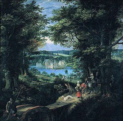Landschaft mit Wasserschloß und Hirschjagd, 1608, Denys van Alsloot