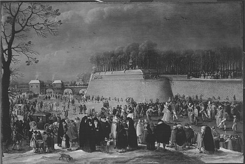 Winter landscape with masked ice skaters, 1599, Denys van Alsloot