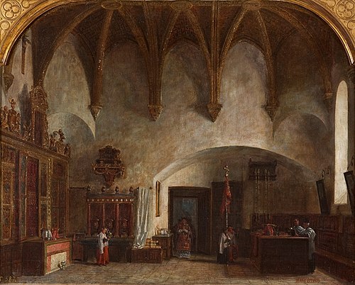 Interior de la sacristía menor en la catedral de Ávila. Salida de la misa mayor, 1874, Pablo Gonzalvo
