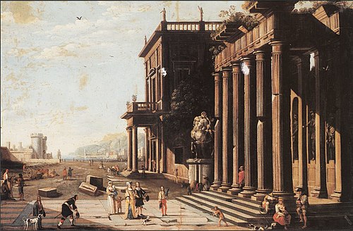 A capriccio view of a palace with ruins and figures, 1670, Vicente Giner